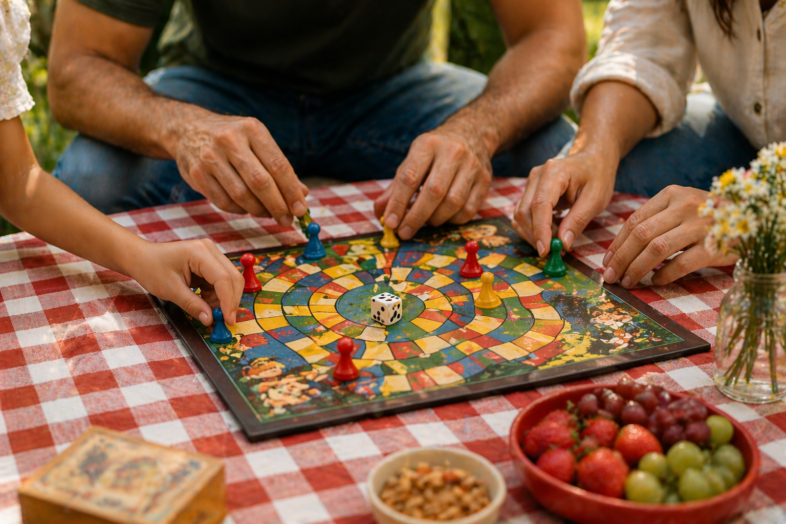 Mãos de família movendo peças em jogo de tabuleiro num piquenique