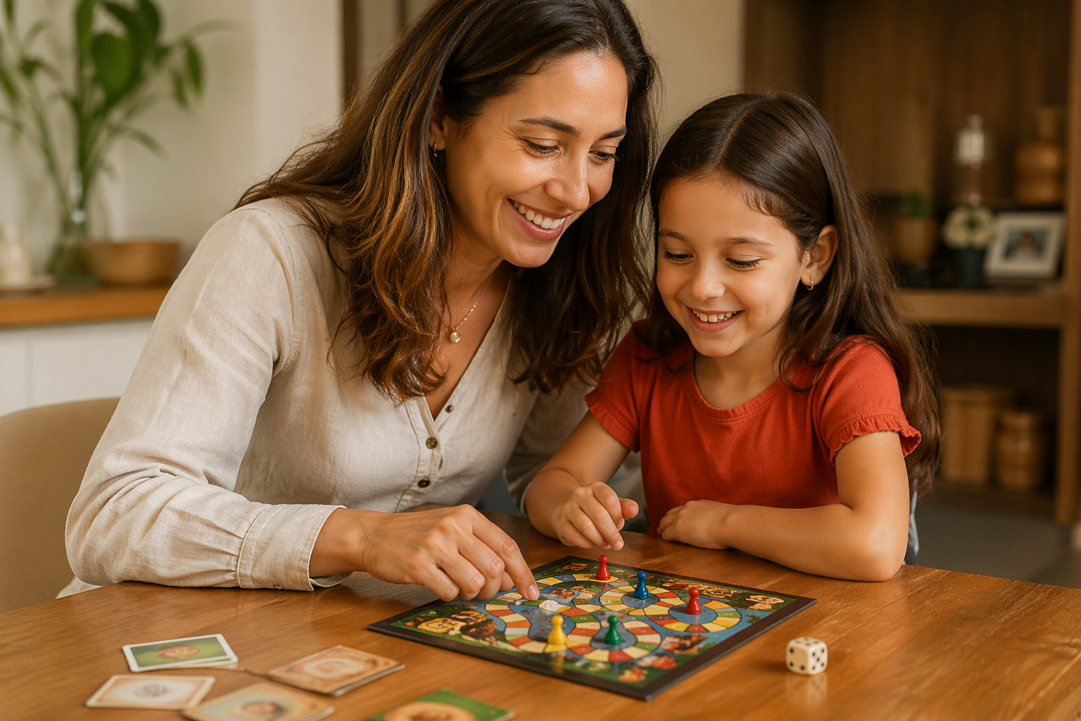 Mãe e filha jogando jogo de tabuleiro juntas, sorridentes