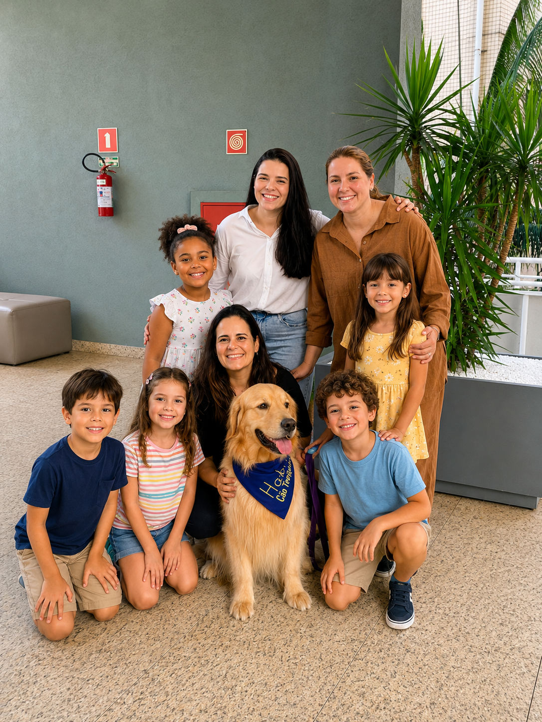 Diretoras do IDA, tutora do cão co-terapeuta e crianças na primeira edição do IDA no Quintal