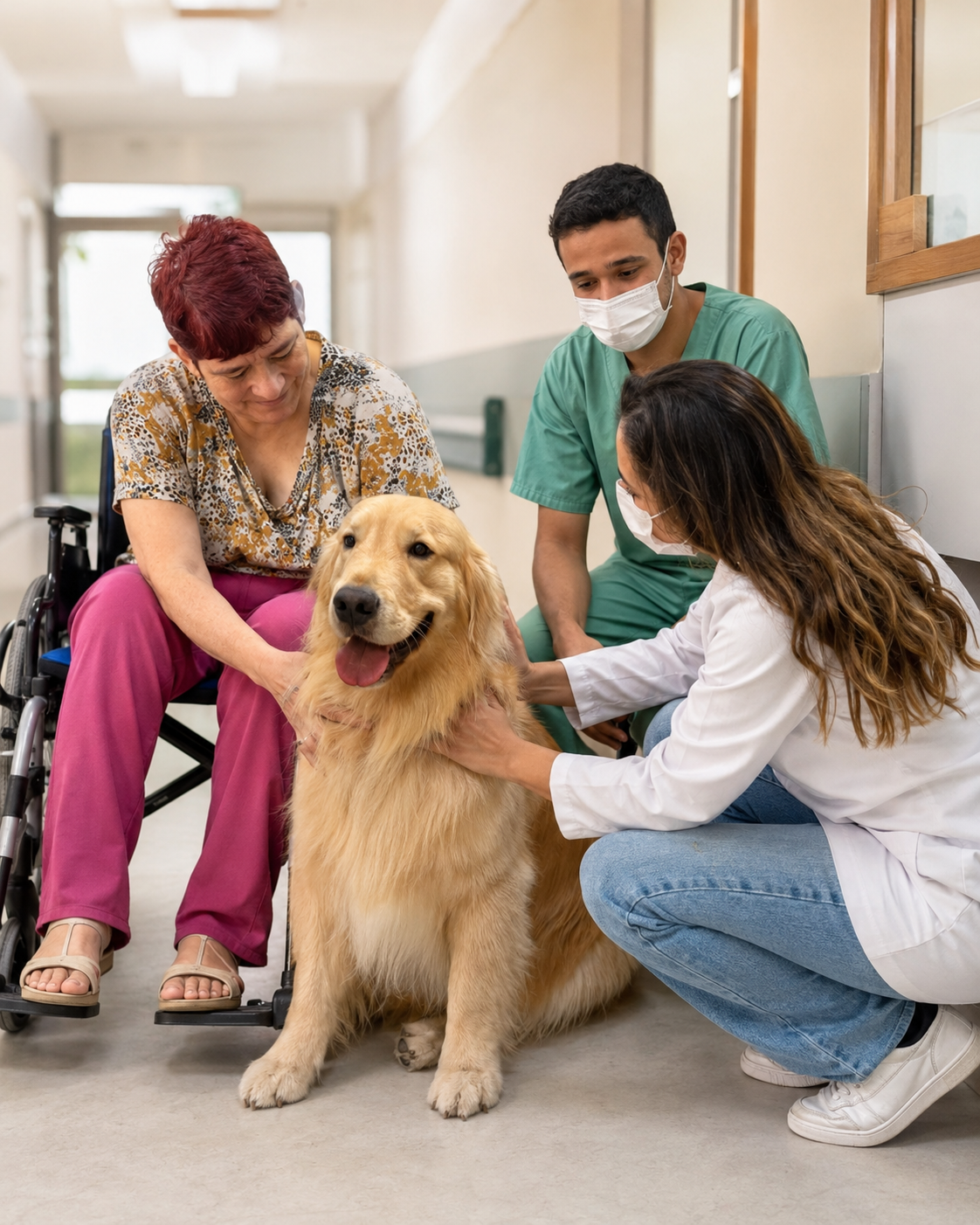 Cão de terapia com criança em ambiente clínico